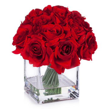 18 Pieces Red Rose Artificial Flowers in Vase, Floral Arrangements Artificial with Vase and Faux Water for Wedding