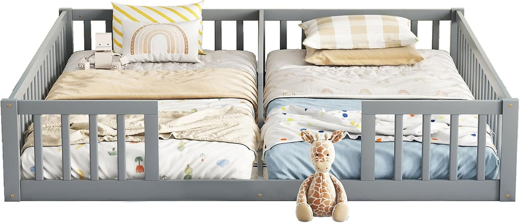 Double Bed for 2 Kids, Montessori Floor Bed for Boys and Girls Bedroom, Solid Wood Montessori Beds with