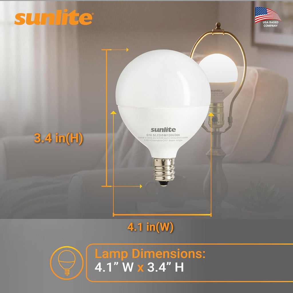 G16.5 Light Bulb LED, 5W (40W Equiv.), 350 Lumens, Dimmable, Type G Globe Shape E12 Candelabra Base, Short Bulbs