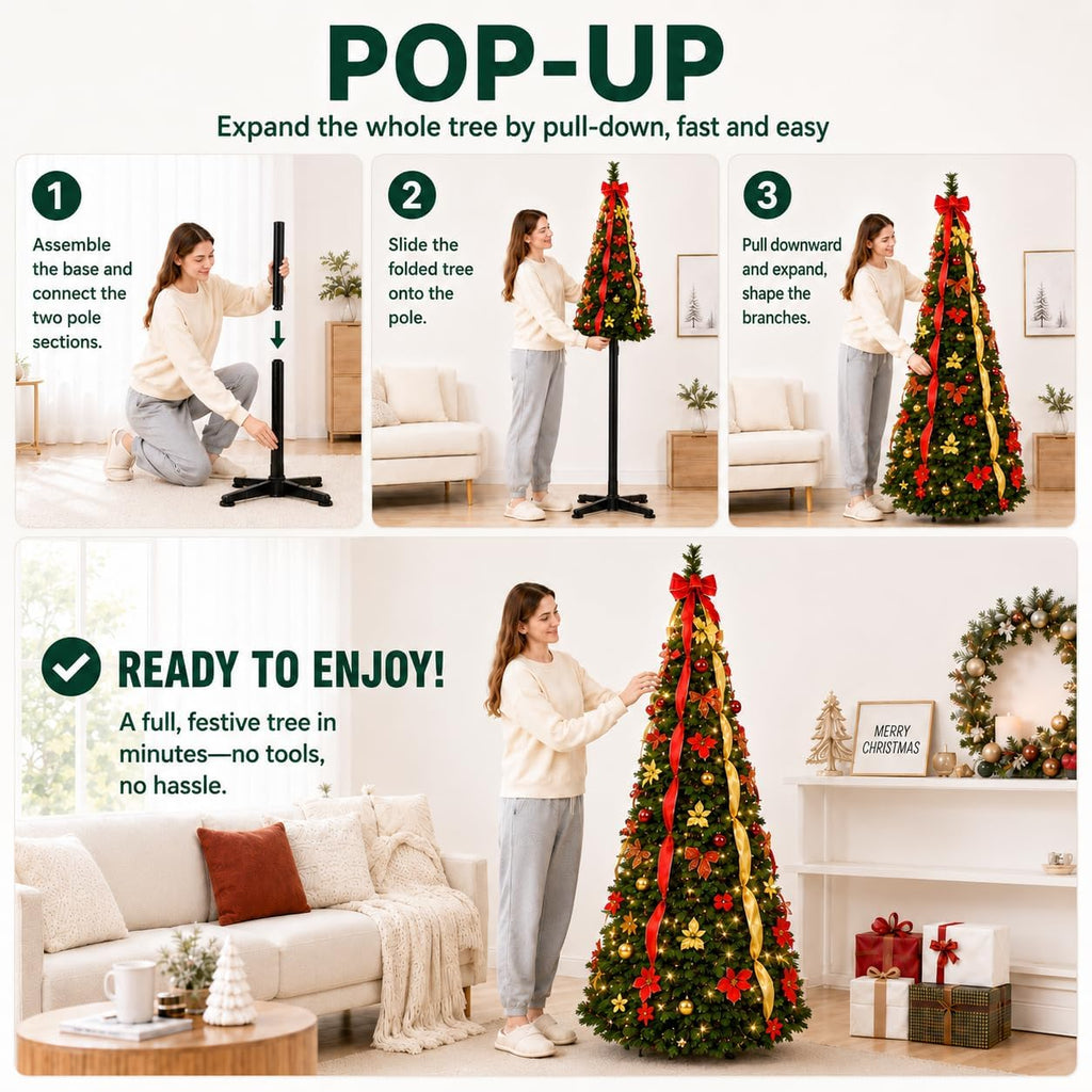 7.5Ft Prelit Pop Up Christmas Tree Decoration, Collapsible Artificial Xmas Tree with 200 Warm Lights, Pre Decorated