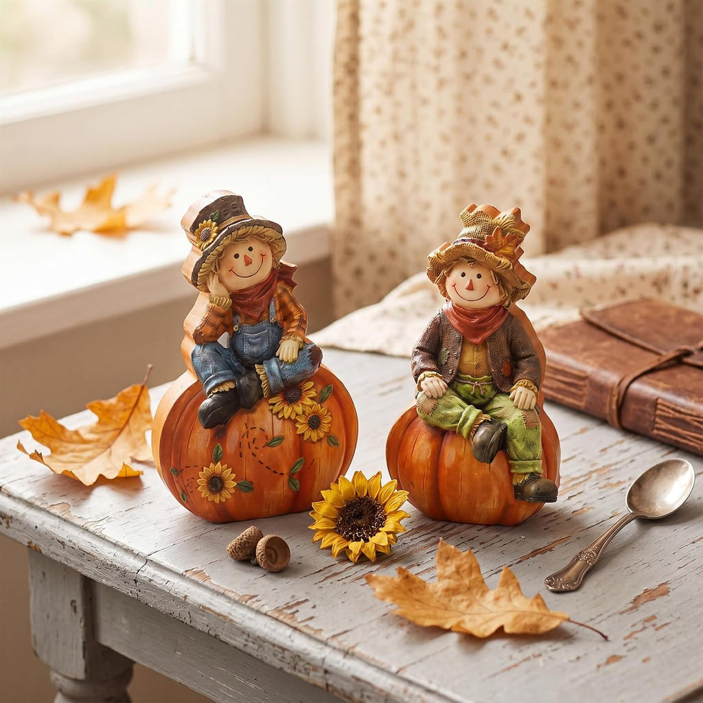 Fall Scarecrows Figurines Wooden Thanksgiving Table Decor - Set of 2