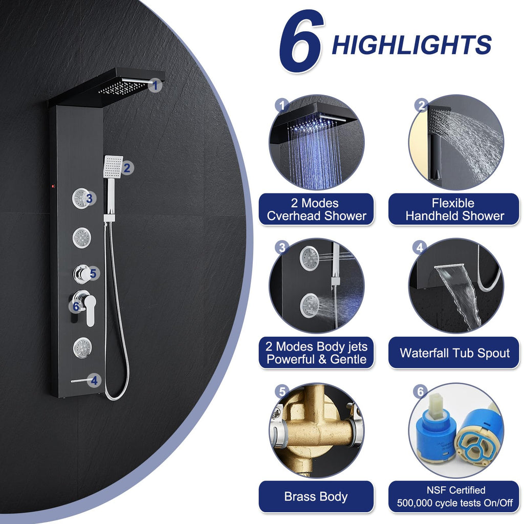 6 in 1 LED Rainfall Waterfall Shower Panel Tower System, Black