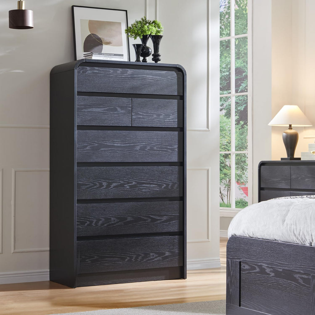 Modern 7 Drawers Dresser, 55" Tall Curved Dresser, Black