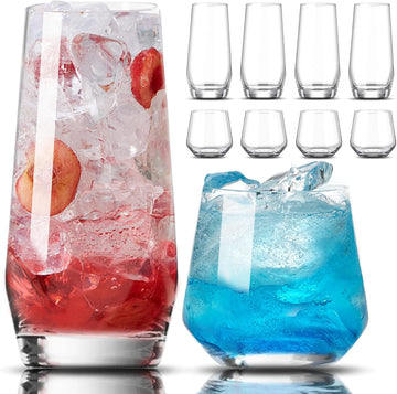 Drinking Glasses Set of 8-4 Tall Glass Cups 18 oz & 4 Short Stemless Wine Glasses 13 oz, Highball Glasses, Glassware
