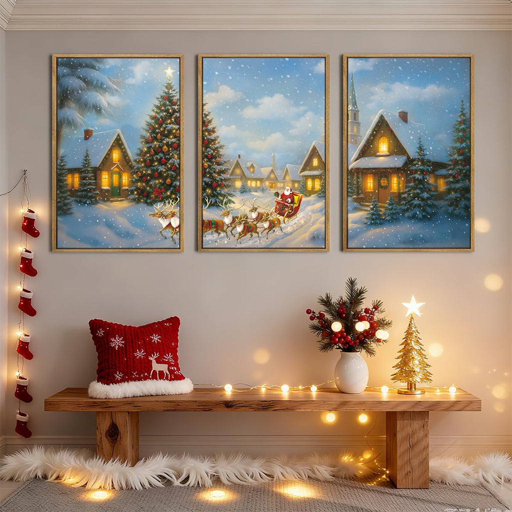 Christmas Wall Art Framed Santa Claus Wall Art Decor Santa Winter Wall Painting Bedroom Dining Room 16x24 Inches Set