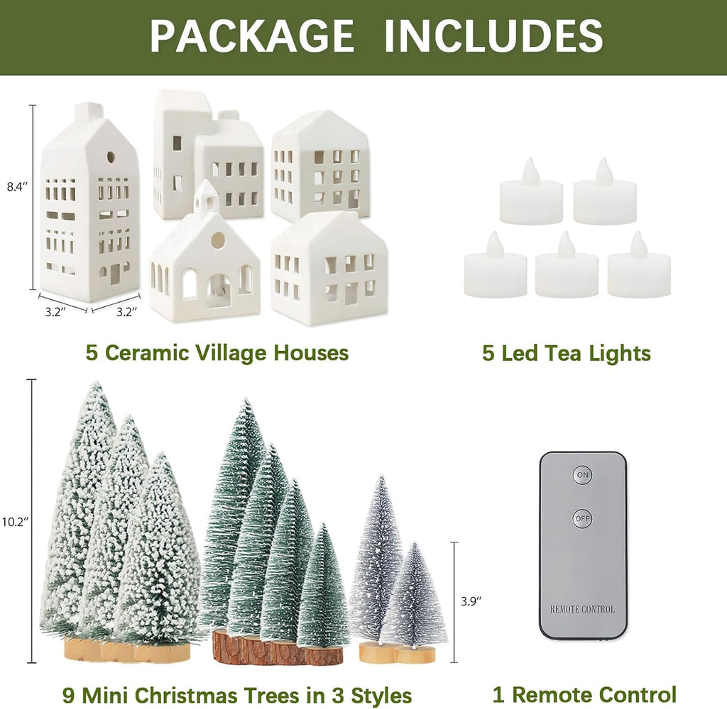 Christmas Decorations - Village Sets of 5 Lighted Ceramic Houses & 9 Trees