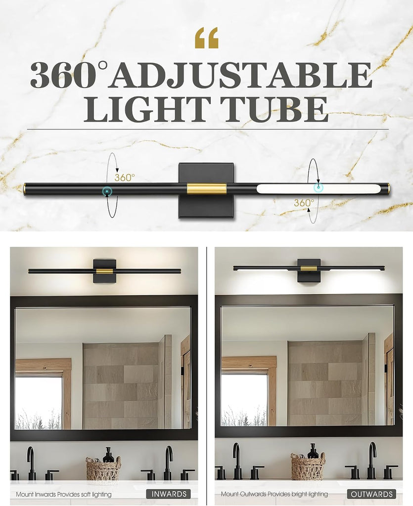 40 Inch Bathroom Light Fixtures, 24W 3CCT Dimmable Black and Gold LED Vanity Lighting Fixtures Over Mirror