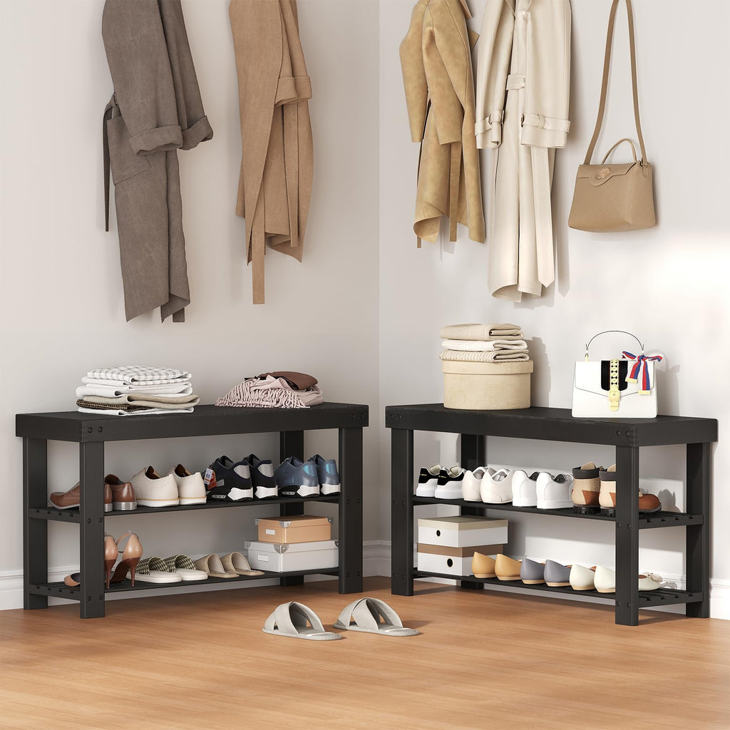 Shoe Rack Bench, 3-Tier Bamboo Organizer, 11x36x18in, Black