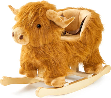 Baby Rocking Horse,Highlander Cattle Wooden Rocking Horse for Toddlers 1 Year Old Cute Cow Stuffed Plush Ride-on Toy
