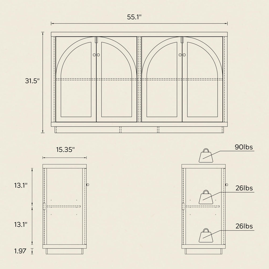 Modern Storage Cabinet with 4 Doors Set of 2, Arched Accent Sideboard Buffet with Adjustable Shelves, Boho Display