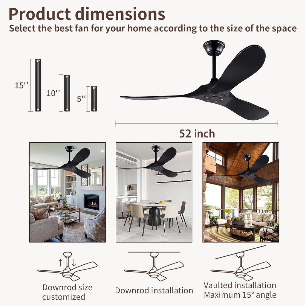 Inspired Maverick Style Solid Wood Black Ceiling Fan Without Light, 52 inch Walnut Ceiling Fan with 3 Wood Blades 6 Speeds Smart Timing Reversible DC Motor, Modern Fan for Indoor Outdoor Farmhouse/Patios A102-B0CMTK7D47