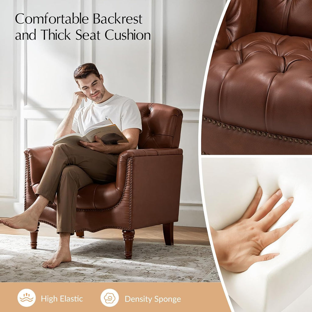 Mid Century Modern Genuine Leather Accent Chair, Brown - Set of 2