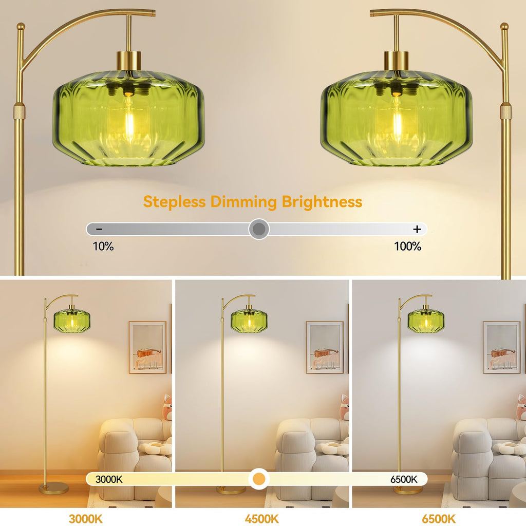 Gold Floor Lamps Vintage Floor Lamp with Remote Control & Green Glass Lampshape, Dimmable Floor Lamp Mid Century