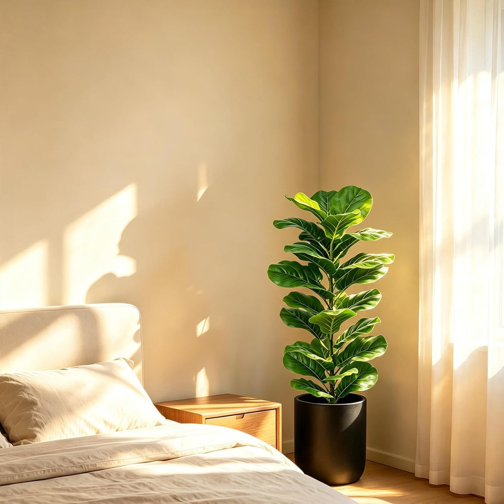 40'' Faux Fiddle Leaf Fig Trees, Faux Trees Indoor Floor Plant, Fake Trees with Green Turf, Faux Plants Indoor - Set of 2
