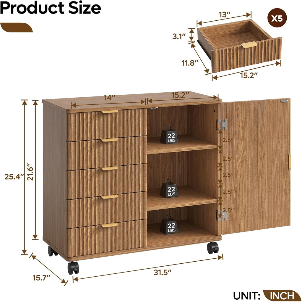 Office Storage Cabinet with 5 Drawer Adjustable Shelf, Brown