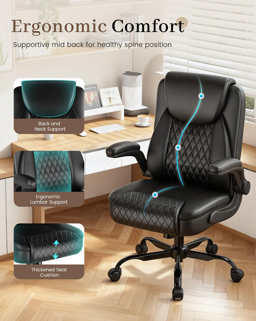 Mid-Back Office Chair, Ergonomic PU Desk Chair with Flip up Arms, Small Computer Gaming with Comfy Lumbar