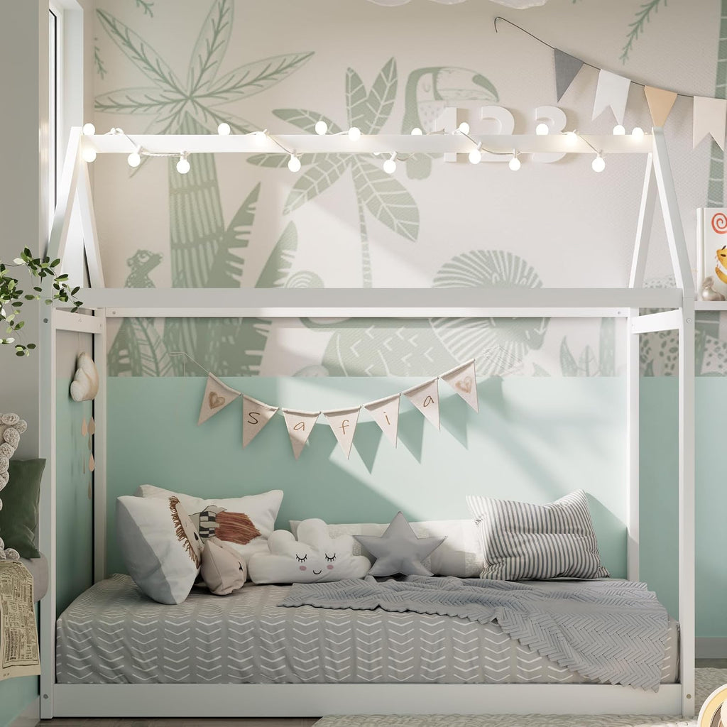 House Bed Frame with LED Lights, Solid Wood Montessori Floor Bed, Low Platform Kids Play House Bed for Boys