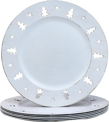 Christmas Tree White Charger Plates, 13 Inch Set of 6 Chargers for Dinner Plates, Parties, Holiday Table Setting, HB9W