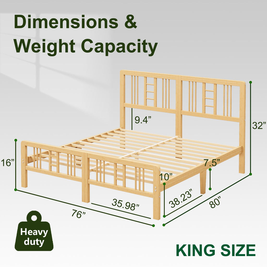 10 Inch High Solid Bamboo Wood King Size Bed Frame with Headboard and Footboard, Platform King Bed Frame with Metal