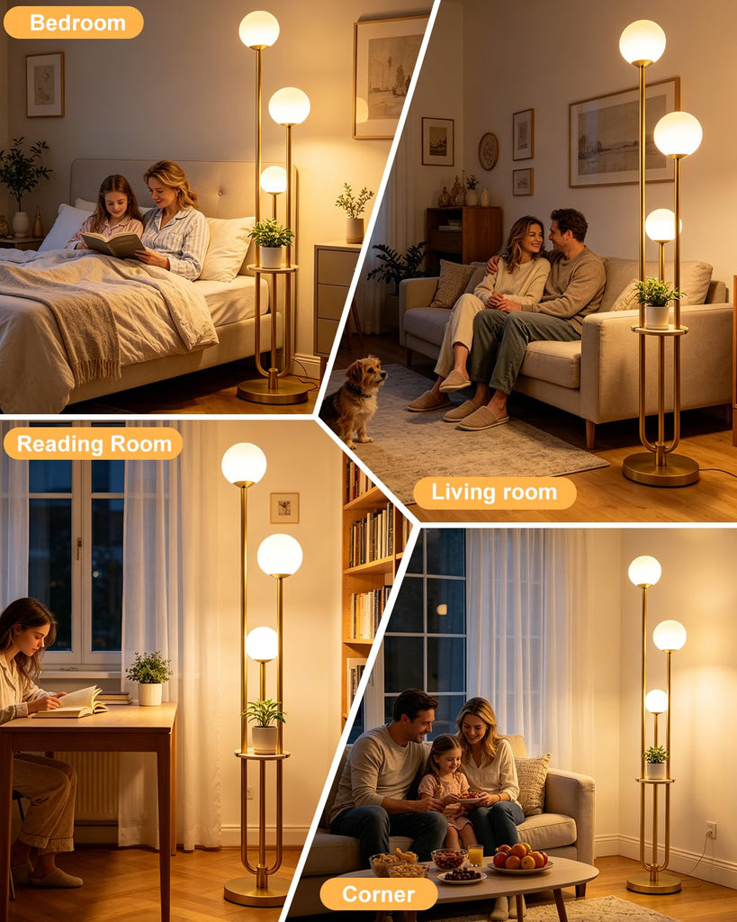 63IN Dimmable Gold Floor Lamp with Shelf Mid Century Standing Lamps with 3000K Bulbs Included Modern Globe Floor Lamp