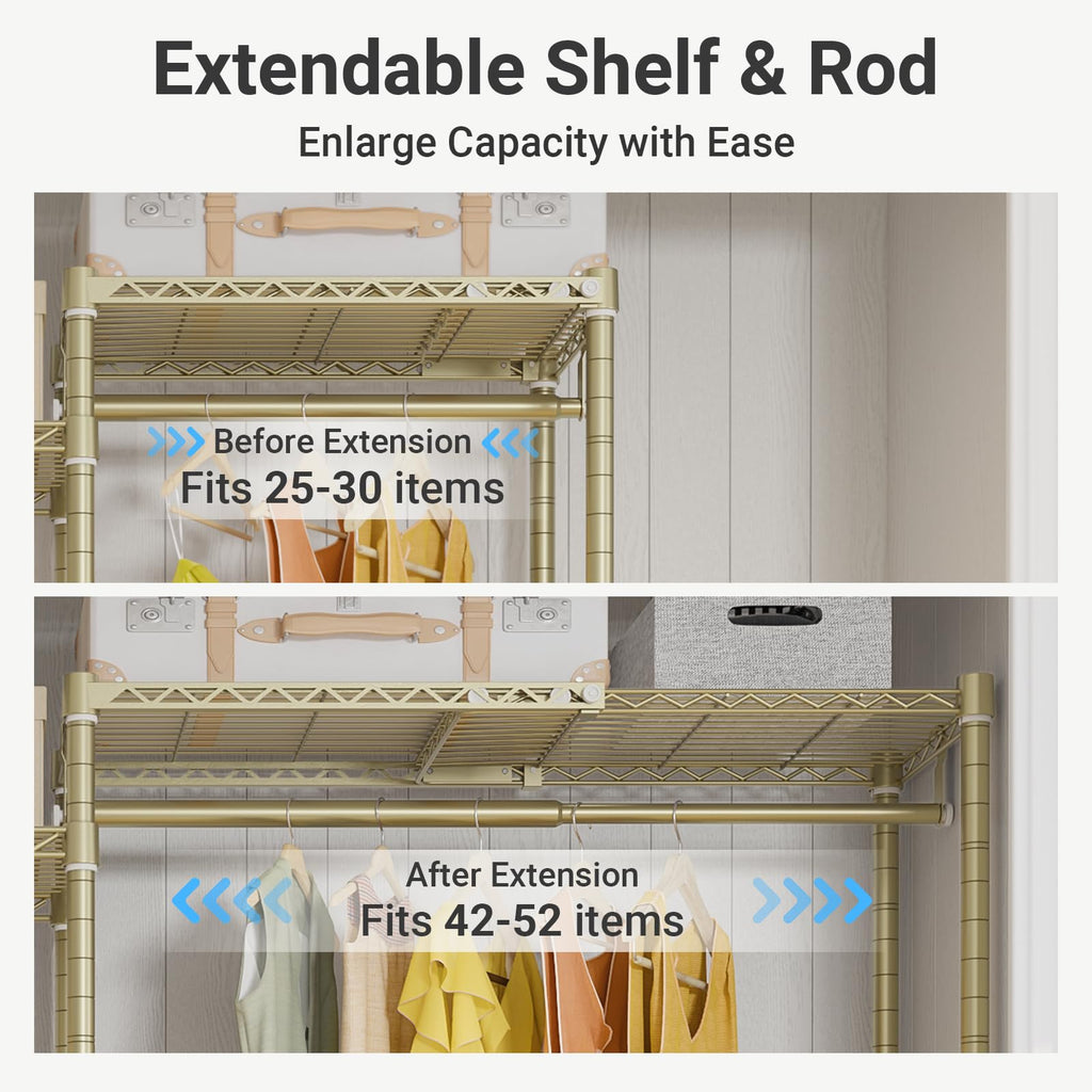 X3 Expandable Heavy Duty Clothes Rack Adjustable from 5'2" to 8' with Adjustable Shelves and Hanger Rods, Large