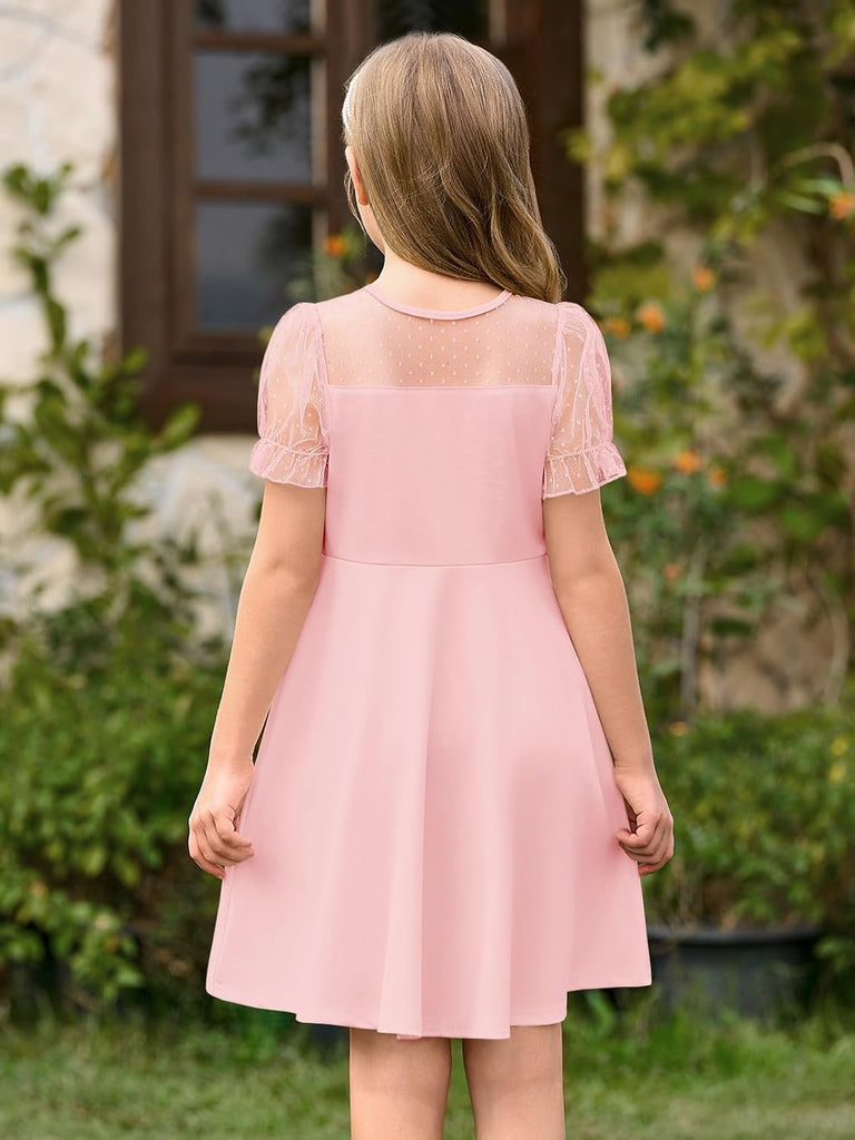 Girls Contrast Mesh Puff Sleeve Dress Kids Casual Party Dress