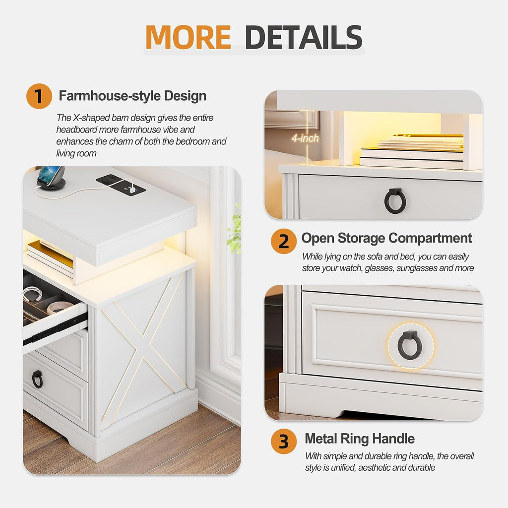 Lockable Night Stand - with Gun Drawer,LED Nightstand with Charging Station,Bedside Table with Human Sensor 3-Color