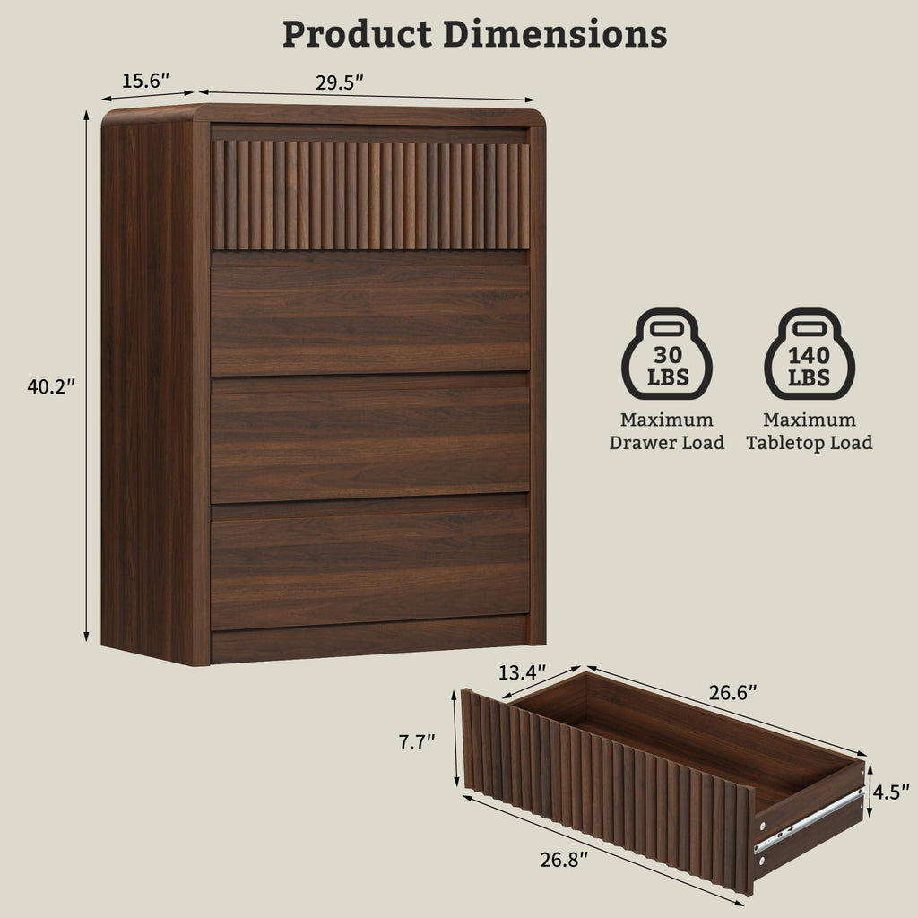 4 Drawer Dresser, 40" Tall Fluted Dresser with Curved Corners, Wood Dressers & Chests of Drawers with Dual-Panel
