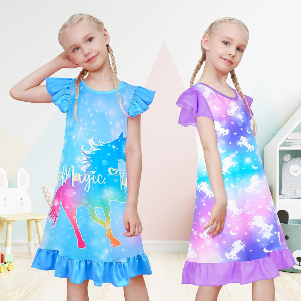 2Pcs Girls Nightgowns Unicorn Sleepwear Night Sleep Dress Pajamas Little Kids Toddler Soft Nightgown