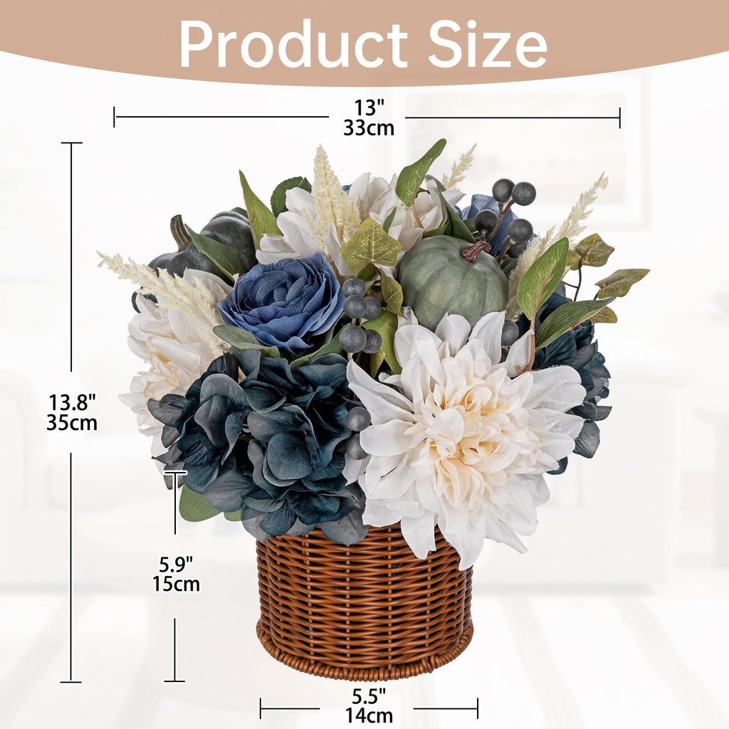 13.8" Fall Flowers Arrangement in Baskets Pot Outdoor Indoor Fake Pumpkin Hydrangea Peonies Artificial Flower in