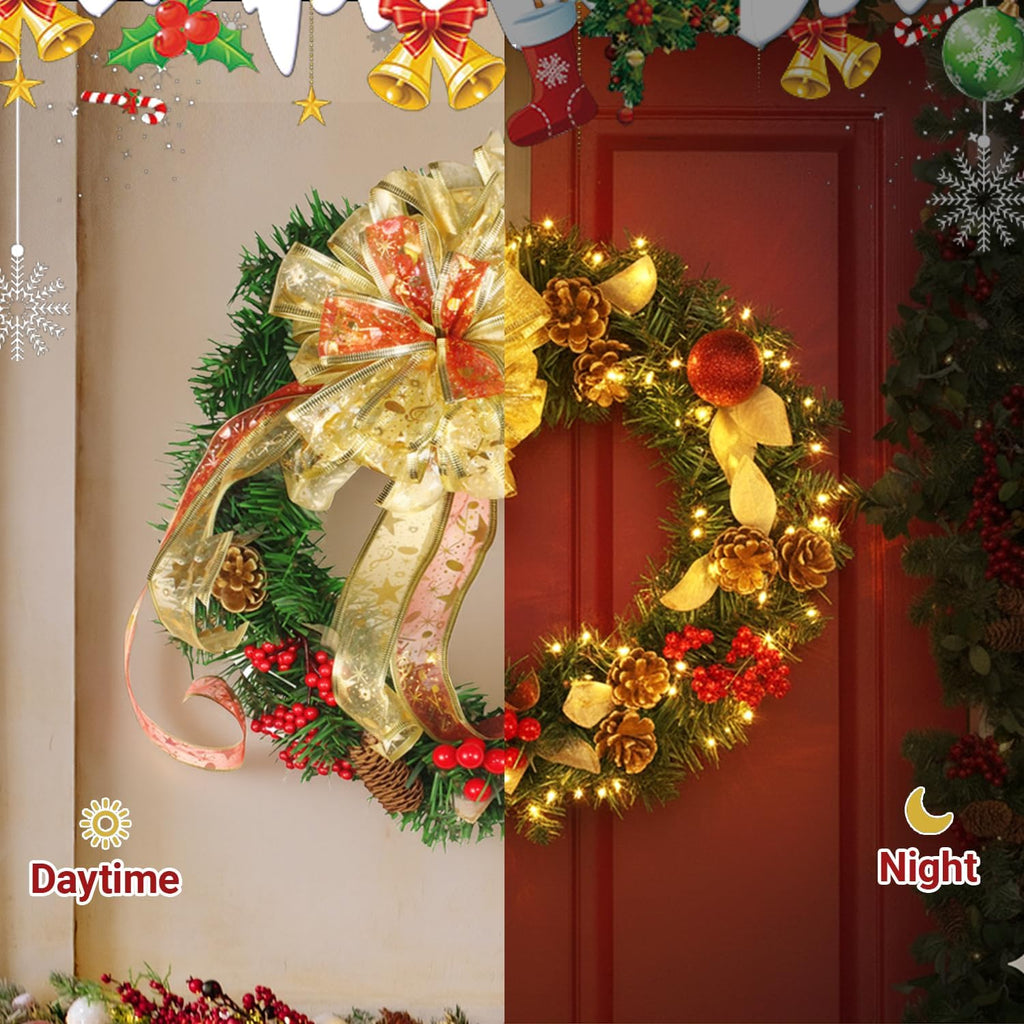 16 Inch Christmas Wreath with Lights,Large Red Bow and Colored Ballswith Battery Box,Warm White 30 LEDs Lights, Front