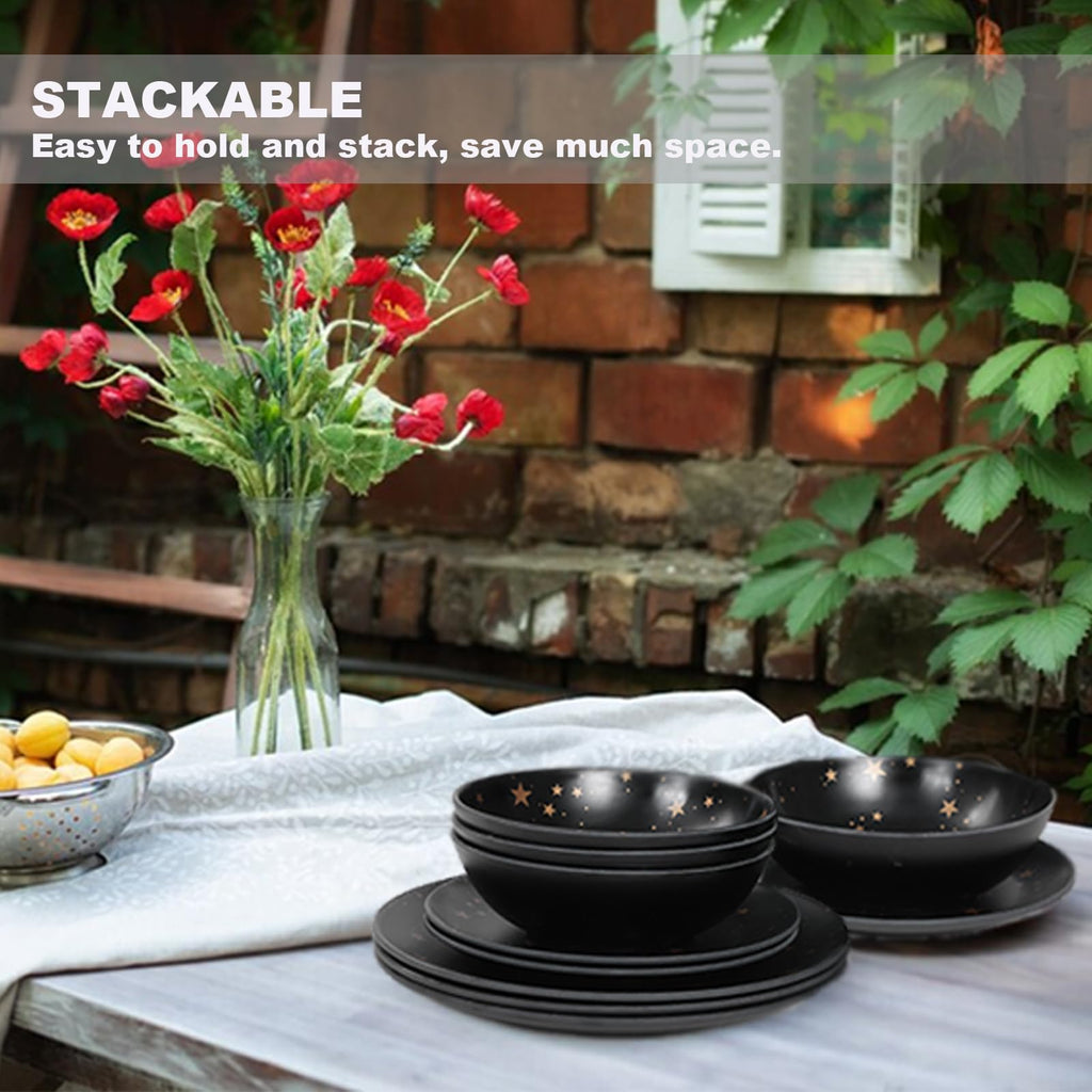 Black Melamine Dinnerware Sets - 12pcs Plates and Bowls Sets,Service for 4