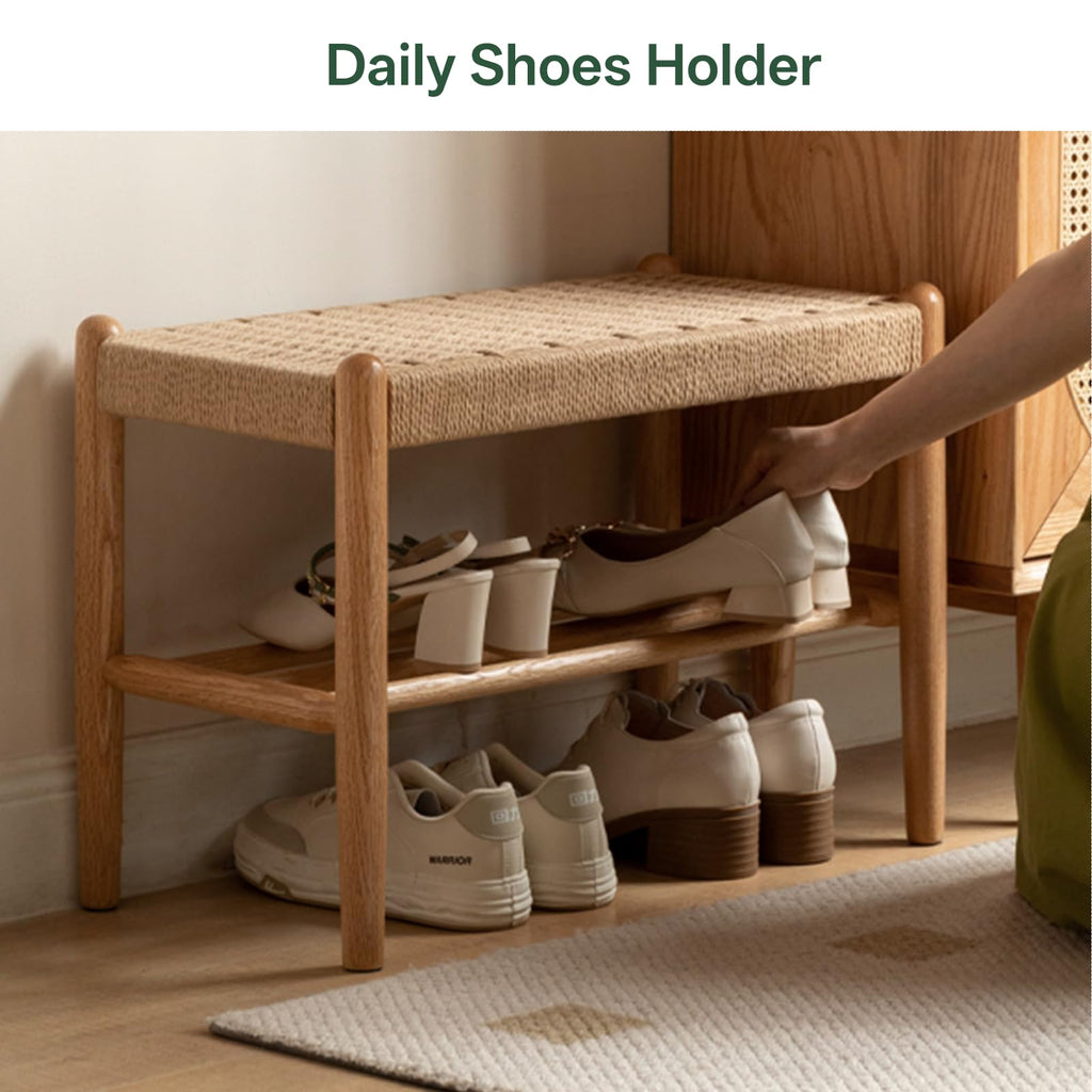 Solid Wood Shoe Bench, Woven Seat Entryway Bench for Small Spaces