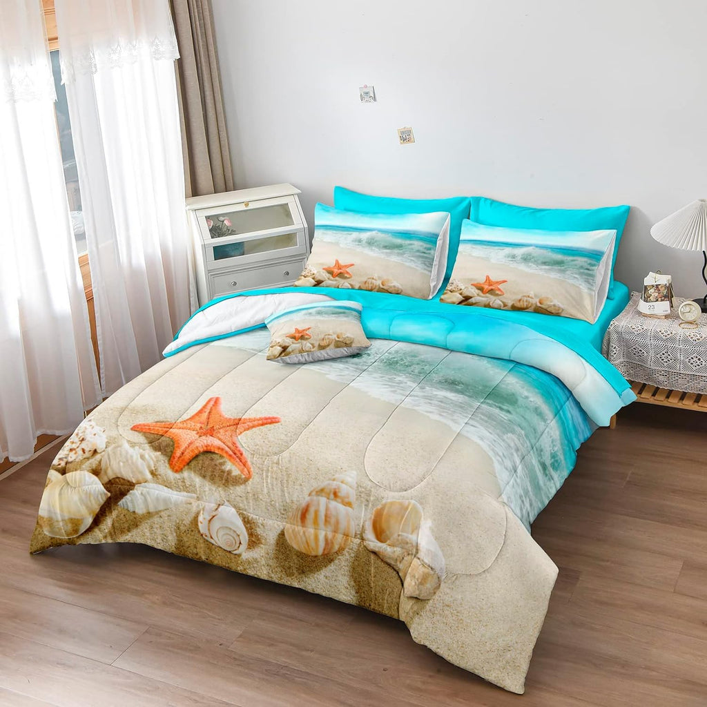 Beach Themed Comforter Set - Sheets, Starfish Sea Life Printed - Women's Adult Coastal Bedding - Aqua