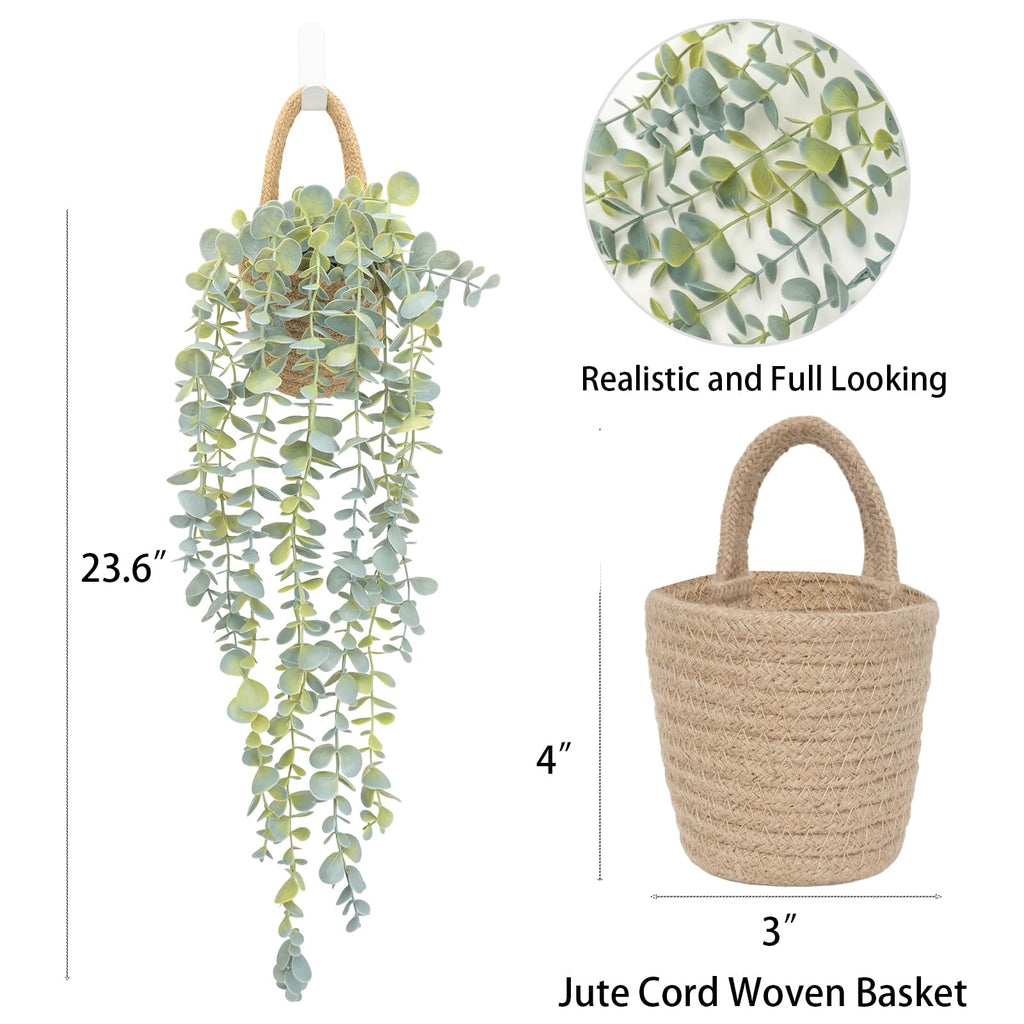 Fake Hanging Plant Decor Indoor, Eucalyptus Artificial Faux Plants in Wall Woven Planters, Jute Hanger with Black Pot