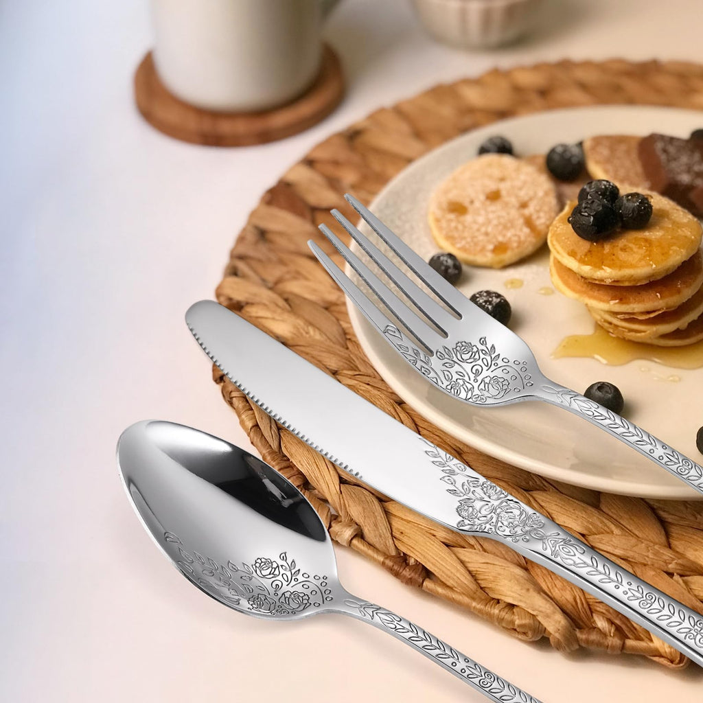 Floral Silverware Set 6 Silvery Flatware Stainless Steel with Delicate Engraved Rose Flower Embossed Design Complete