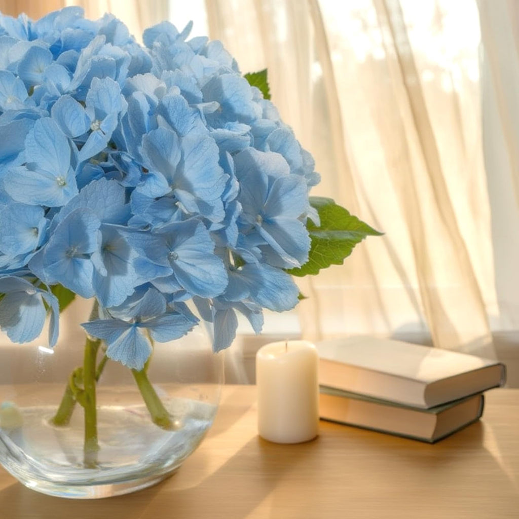 Blue Artificial in Glass Vase with Faux Water, 3 Stems Lifelike Fake Floral Arrangement, UV-Resistant Odorless