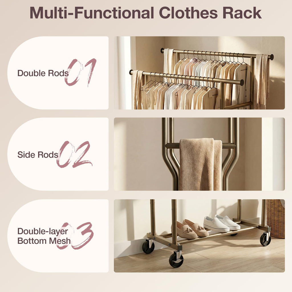 Clothes Rack, Double Rods Rolling Clothing Rack for Hanging Clothes Load 260 LBS Closet Rack with Wheels, Metal