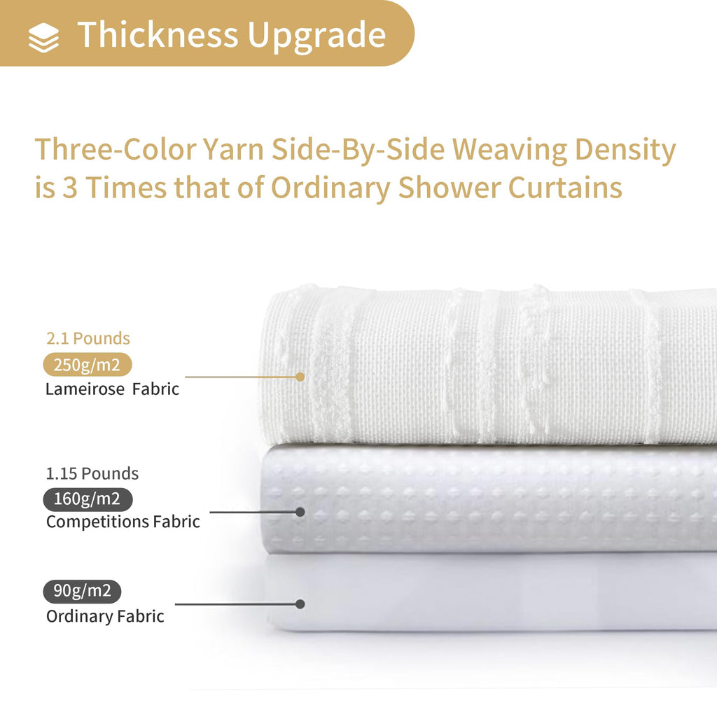 White Boho, Textured Cotton Blend Waffle Weave Stripe Fabric Shower Curtains, Washable, 72 x 72