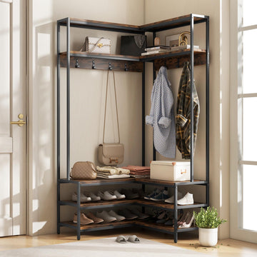 Corner Hall Tree, 70 Inch Coat Rack with Bench and Shoe Storage, Entryway Furniture with 7 Hooks, Heavy Duty Metal