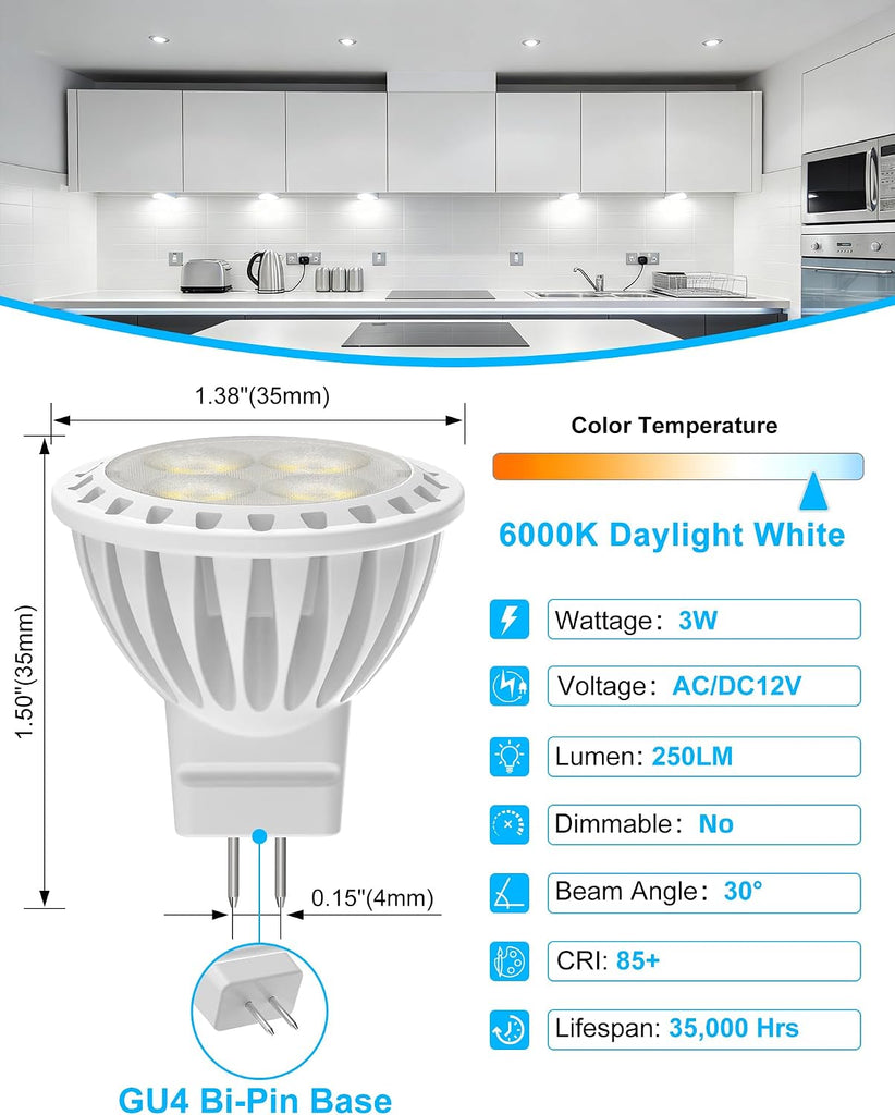 MR11 3W LED Bulbs, Daylight White 6000K, GU4 Bi-Pin Base 6-Pack