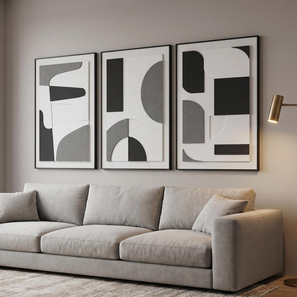 3Pcs 3D Sandstone Wall Art, Black Frame Abstract Geometric Relief