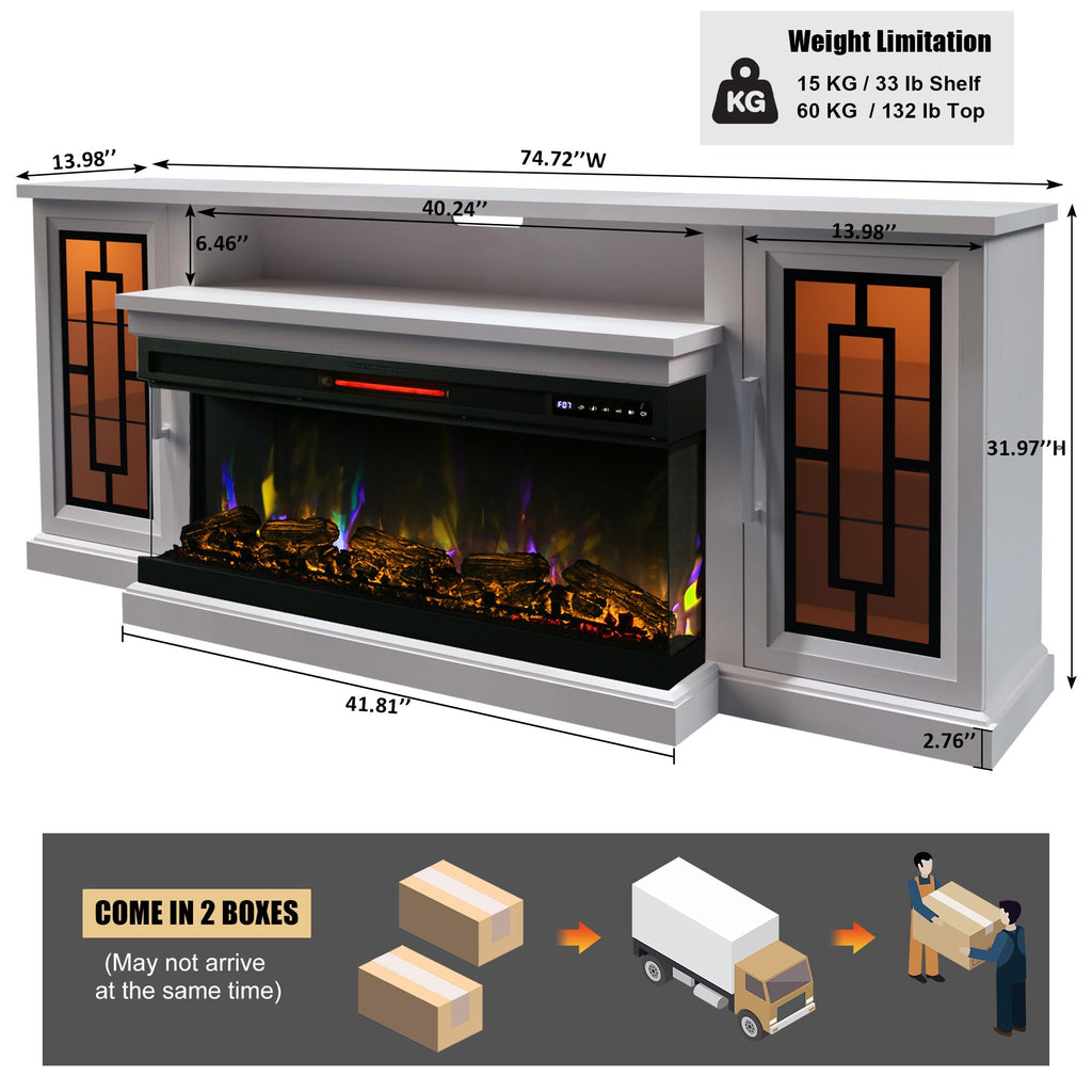 75 Inch Electric Fireplace TV Stand, 3- Side Glass LED Modern Media Entertainment Center Console Table for TVs up to