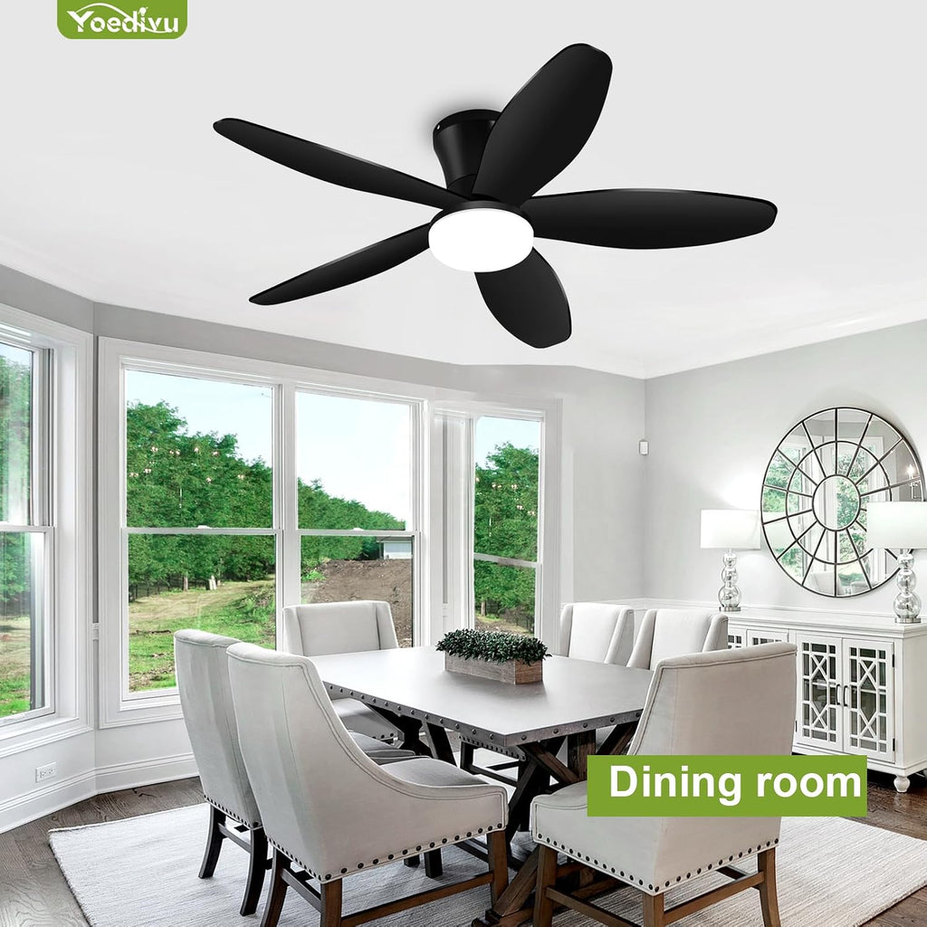 Black Ceiling Fan with Light, 42 Inch Low Profile Flush Mount Ceiling Fan 6-Speed Wind, Quiet Reversible DC Motor, 3