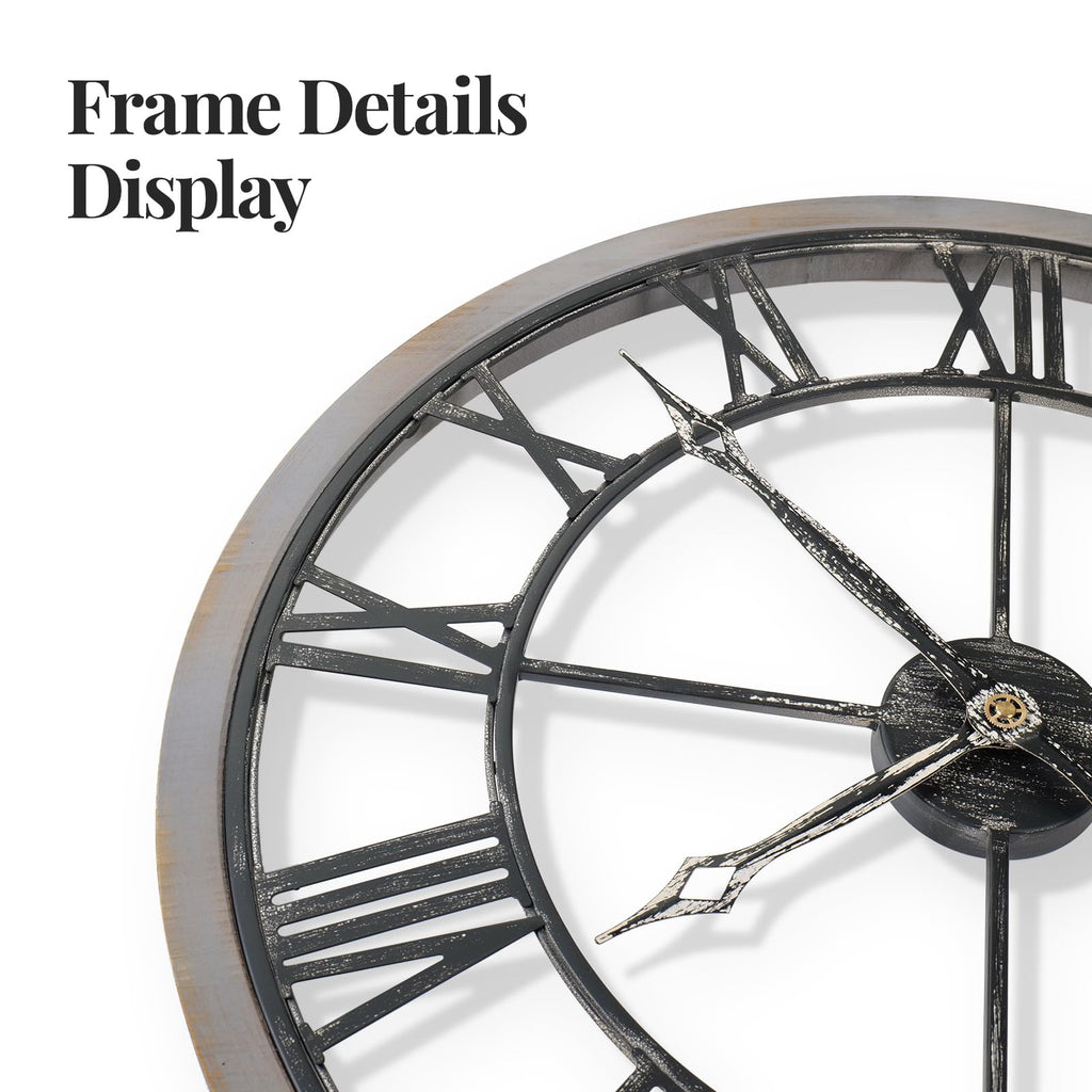 30 Inch Large Wall Clock Rustic Industrial Wood Frame Roman Numeral