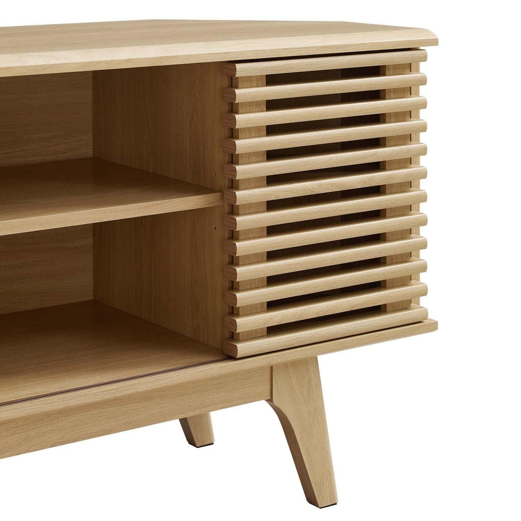 Render Mid-Century Modern Low Profile 46" Corner Media TV Stand in Oak, 15 x 46 x 23