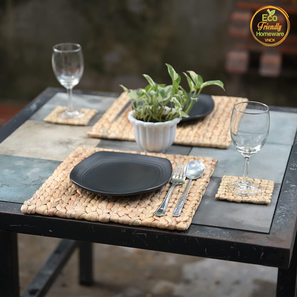 Square Placemats Set of 6, Water Hyacinth Woven Placemats for Dining Table, Boho Rattan Plate Chargers for Dinner