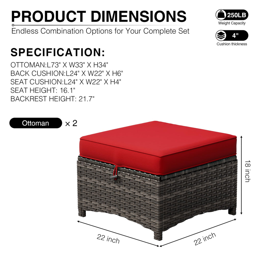 Outdoor Ottoman Set of 2, Patio Large Ottoman Foot Rest with Thickened Cushions, Outdoor Wicker Foot Stool for Porch