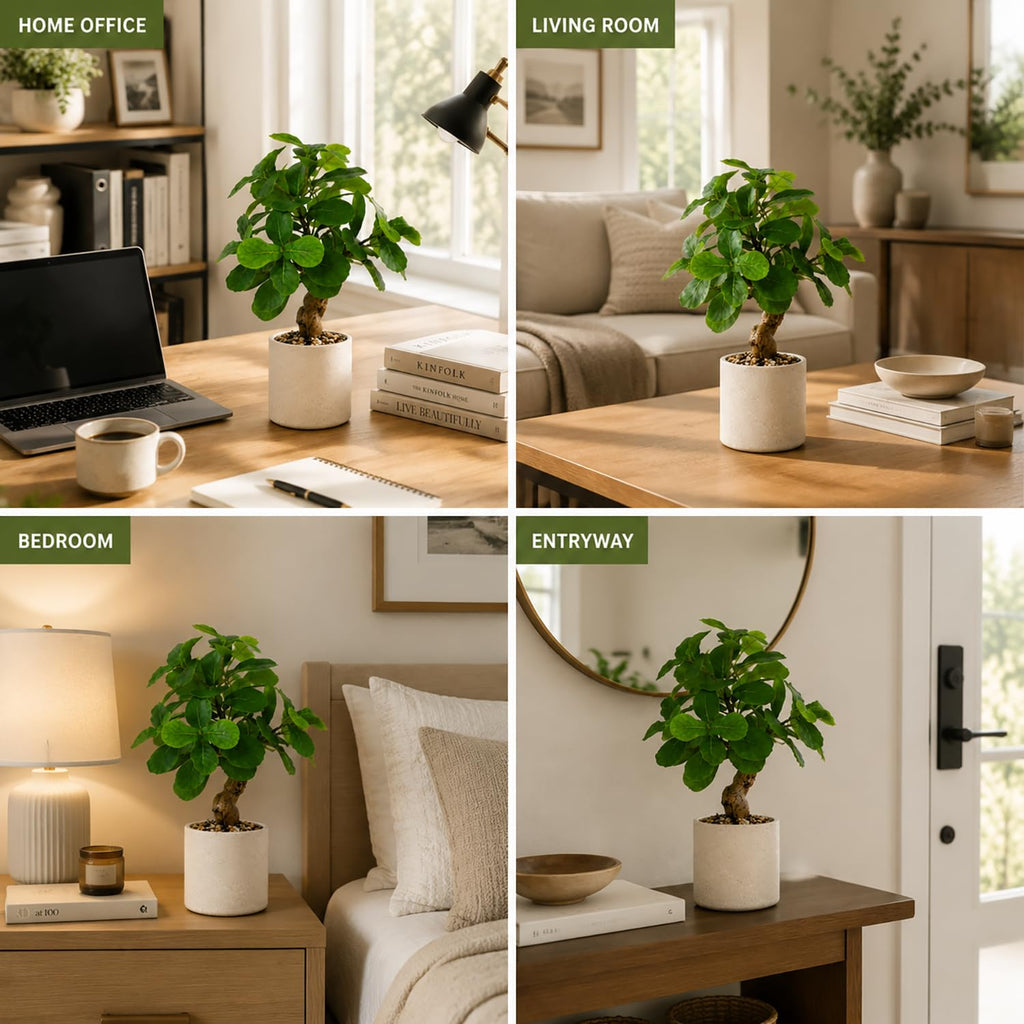 17.5 Inch Artificial Fiddle Leaf Fig Tree in Cement Pot with Pebbles, Realistic Faux Potted Plant, Zero-Maintenance