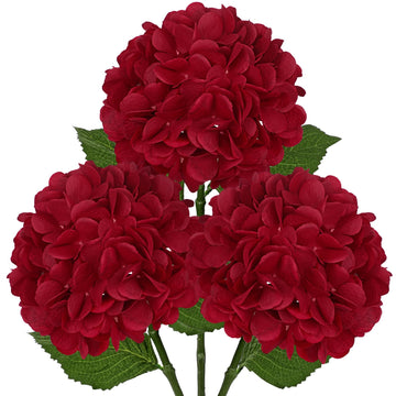 3Pcs Red Artificial Real Touch Faux Silk Hydrangeas with Stem Fake Florals Flower Wedding Table Centerpiece Vase
